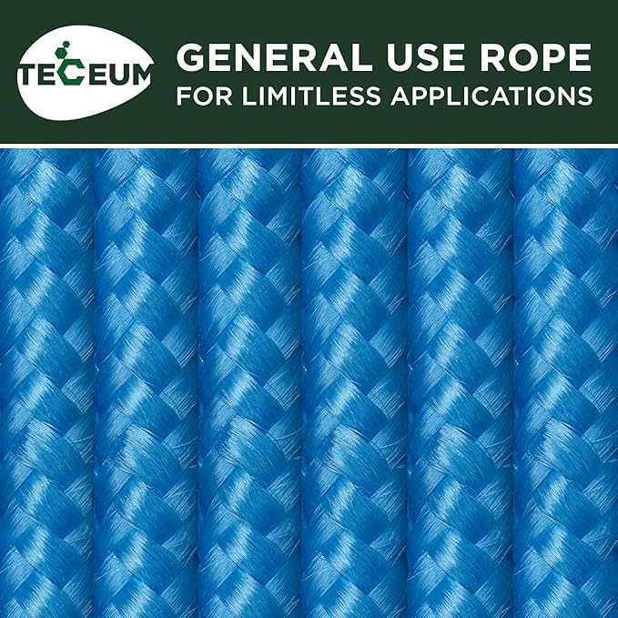 TECEUM Rope – 90 Feet x 3/8 Inch (10mm) – Sky Blue – Strong All-Purpose Utility Rope – Camping, Crafting, Flag Pole, Indoor & Outdoor – Polypropylene Nylon Poly Lightweight Diamond Braided Cord
