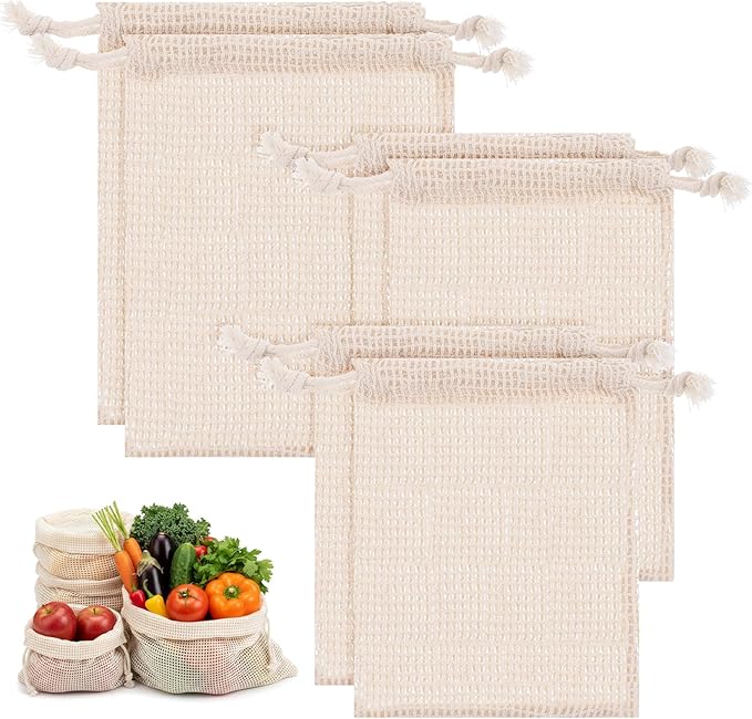 6 Pack Reusable Produce Bags Washable Reusable Bags Cotton Mesh Produce Bag Double-Stitched with Drawstring Vegetable Bag for Refrigerator for Farmer Market Beach Fruit Grocery Shopping （2L、2M、2S）