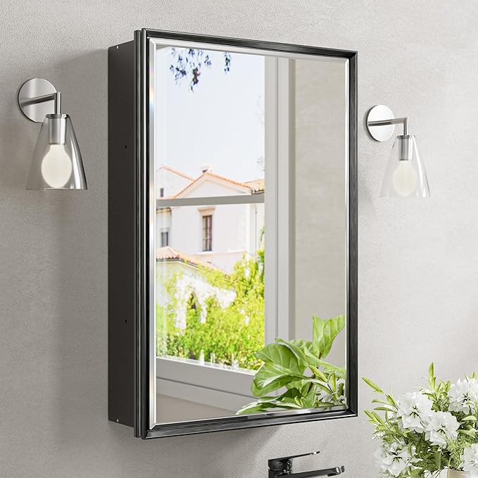 16x24 Pre-Assembled Black Medicine Cabinet with Mirror, Surface or Recessed Medicine Cabinet Mirror for Bathroom, Aluminum Beveled Frame Bathroom Vanity Mirror with Adjustable Shelves Storage