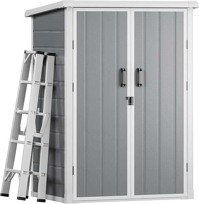 DWVO 5X3FT Outdoor Vertical Storage Shed with 2 Shelves, 60 Cu Ft Waterproof Resin Garden Shed with Floor & Lockable Door, Plastic Tall Tool Cabinet for Garbage Can, Lawn Garden Supplies, Gray