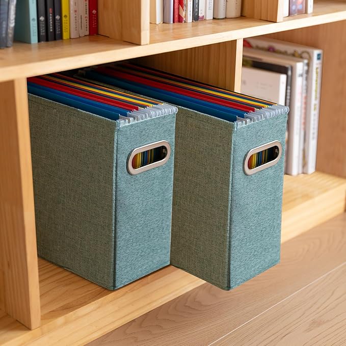 4 Pack Letter Size File Storage Box Collapsible, Fabric Hanging File Folders Organizer, Portable Office Document Holder with Metal Handle, Smooth PVC Rails, Green
