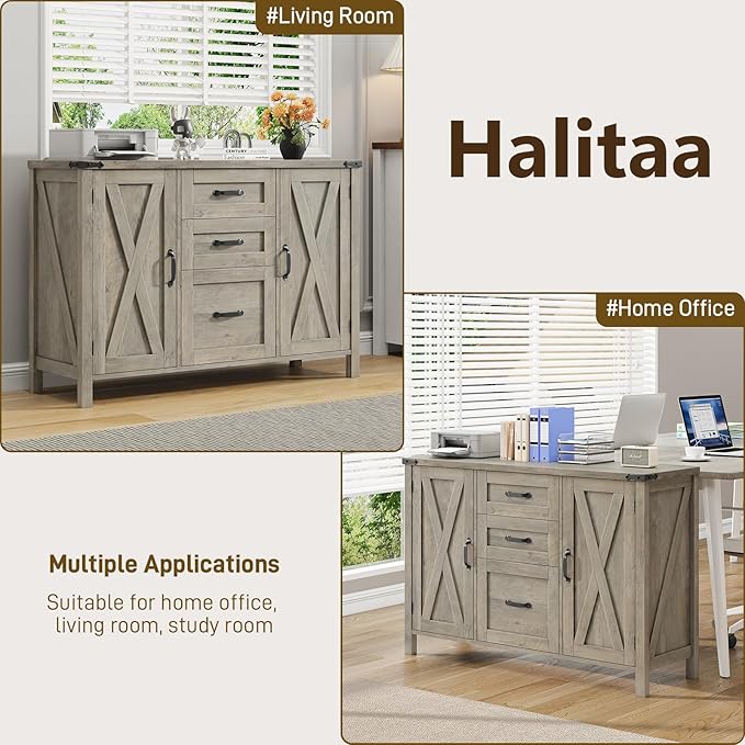 3 Drawer File Cabinet, Farmhouse Lateral Filing Cabinet with Doors Fits Files Letter or A4 Size, Wooden Printer Stand with Open Storage Adjustable Shelf for Home Office, Rustic Grey