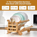 Bmaboo Dish Drying Rack for Kitchen Counter 3-Tier Collapsible Wooden Dish Drying Rack with Utensil Holder Dish Drainer Large Folding Dish Rack with Utensils Flatware Holder 51 pcs Grid