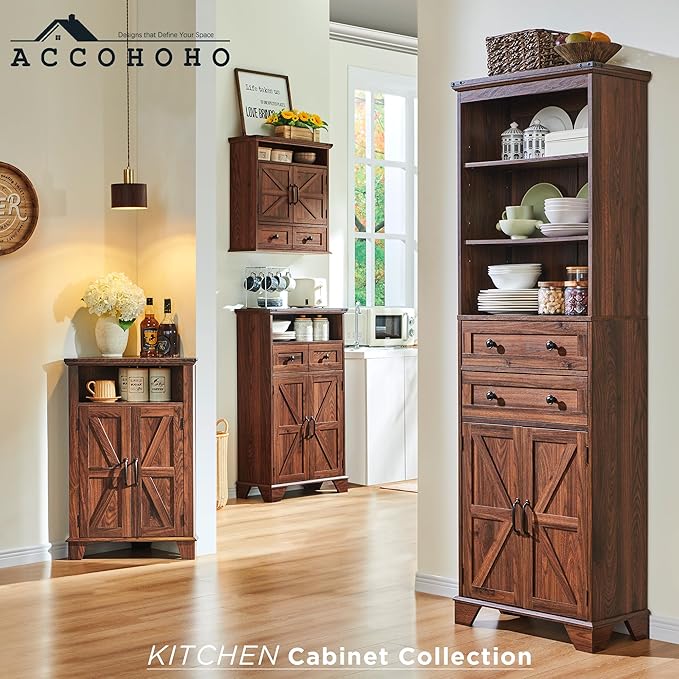ACCOHOHO 72" Tall Bathroom Storage Cabinet, Farmhouse Storage Cabinet with Adjustable Shelves, Barn Door & 2 Drawers, Cabinet for Bathroom, Living Room & Kitchen, Brown