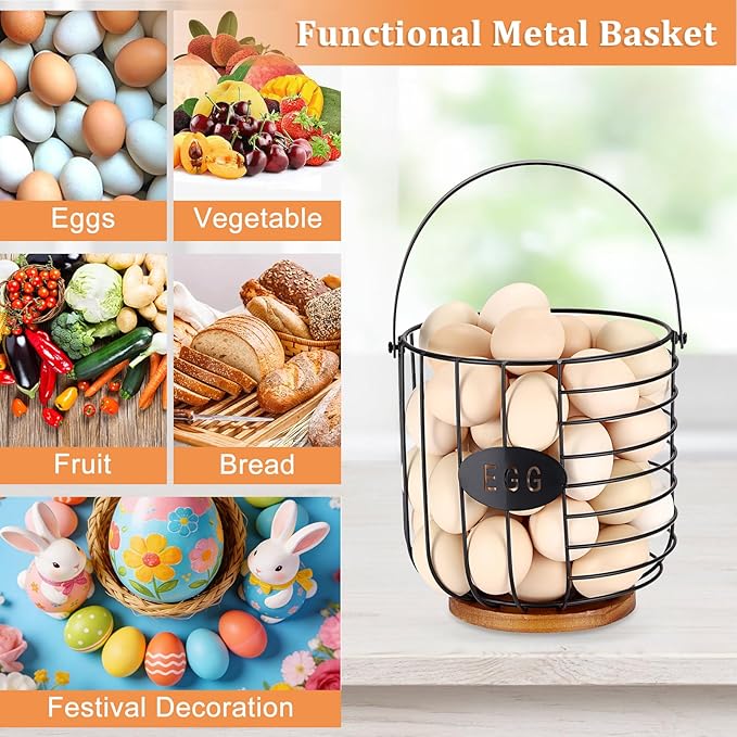 6.5'' Farmhouse Egg Basket for Gathering Fresh Eggs, Metal Egg Holder Countertop for Chicken Eggs, Round Metal Wire Basket with Handle & Wooden Base, Vintage Kitchen Decor(Style 2-Lantern)