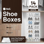 Reli. Shoe Boxes (14 Pack) | Clear Shoe Storage Boxes Stackable and Compact | Lightweight Plastic Storage Box with Ventilation Holes, Swing Door | Interlocking Containers, Stackable Rack | White
