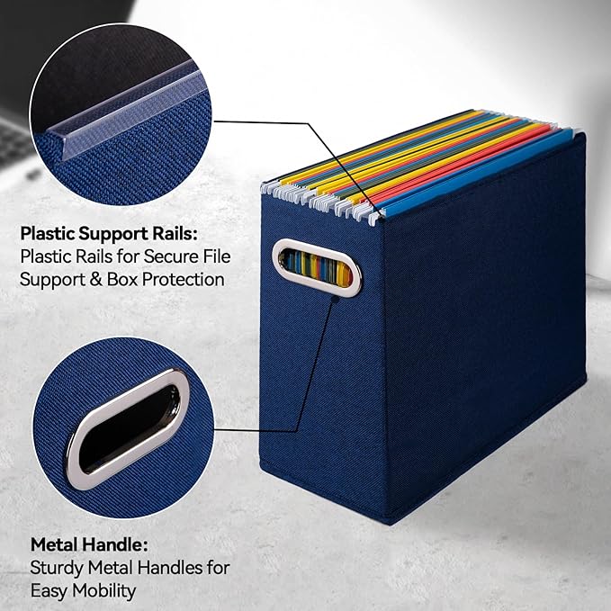 4 Pack Letter Size File Storage Box Collapsible, Fabric Hanging File Folders Organizer, Portable Office Document Holder with Metal Handle, Smooth PVC Rails, Blue