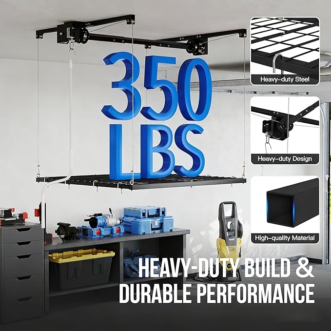 4x4 FT Overhead Garage Lifting Storage Rack, 350 lbs Capacity & 79"Lifting, Metal Garage Ceiling Rack, Adjustable Storage System with Safety Lock