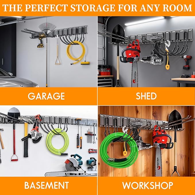 48 Inch Garage Tool Organizer Wall Mount - Heavy Duty 480 lbs Capacity Tool Rack with 6 Adjustable Hooks, Wall Mounted Storage System for Garage, Shed, Workshop (Black)