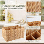 Silverware Organizer,Hand-Woven Wicker Kitchen Utensil Caddy with 4 Compartments,Cutlery Holder for Party Camping,Flatware Spoon Condiment Basket,Utensil Holder for Kitchen Counter with Handle