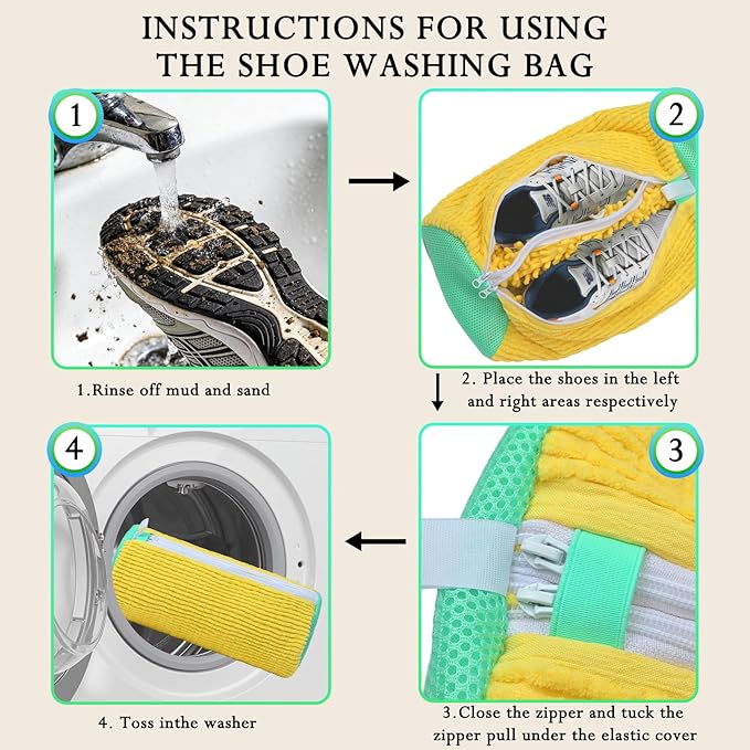 Dual Shoe Washing Machine Bag Holds 2 Shoes,Reusable Laundry Shoe Bag for Washer and Dryer 360° Deep Cleaning,Shoe Cleaning Bags with Built-in Brushes for Sneaker Tennis Shoes Drying Bags (Yellow)
