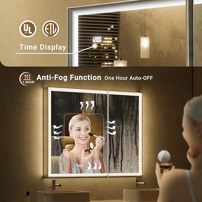 24x32 Lighted Medicine Cabinet with Mirror, Beveled Brushed Nickel Framed Surface or Recessed Fogless Dimmable LED Medicine Cabinet with Outlet, Time Display and Sensor Inner Light