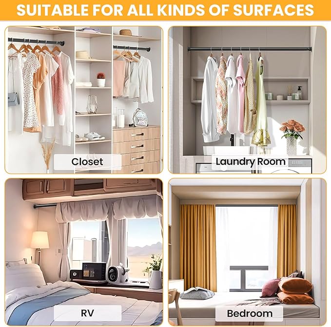 4 Pack Closet Rods,17-84 Inch No-Cut Stepless Adjustable Closet Rod, 1.3 Inch Heavy Duty Metal Closet Hanging Rod with Brackets, Matte Black Closet Bar for Closet, Laundry Room, RV