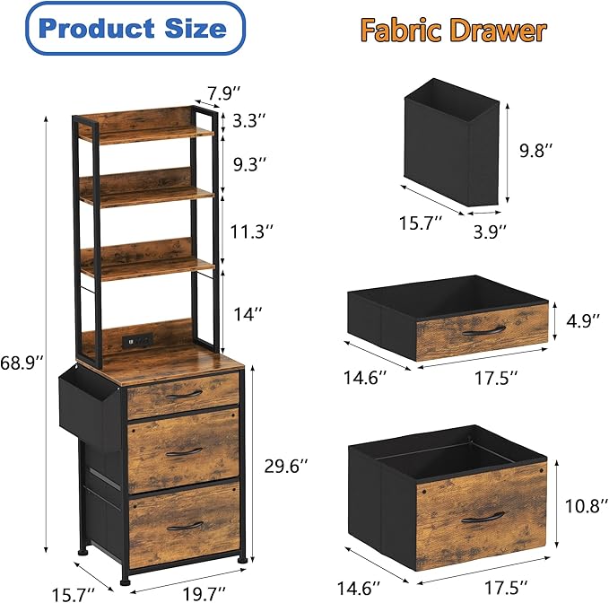 GYIIYUO 3 Drawer Tall 69''H File Cabinet with Charging Station, 4-Tier Filing Cabinet with Adjustable Shelf, Fabric Drawer, Printer Stand for Home Office, Fits A4/Letter/Legal, Rustic Brown