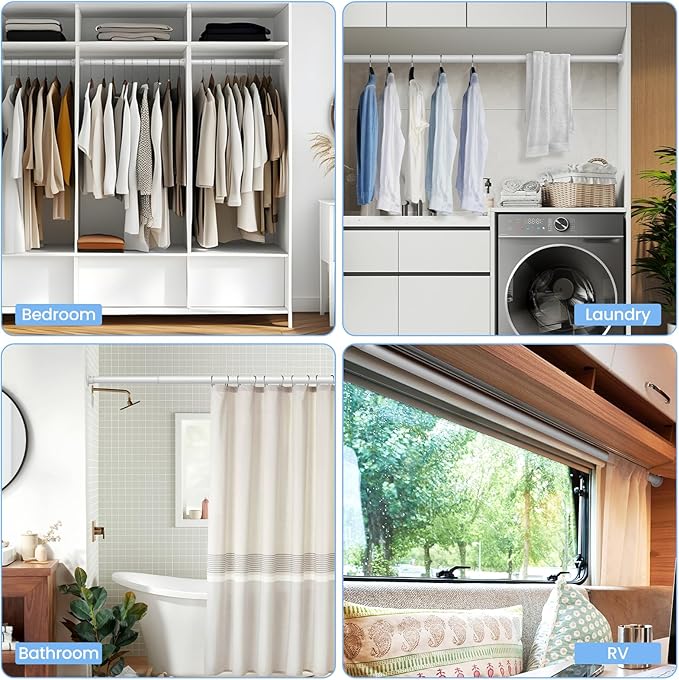 2 Pack Closet Rods for Hanging Clothes, 17 to 54 Inch Heavy Duty Stepless Adjustable Closet Hanging Rod, 1.3 Inch Diameter Metal Closet Rod for Wardrobes Laundry Bedroom RV, White