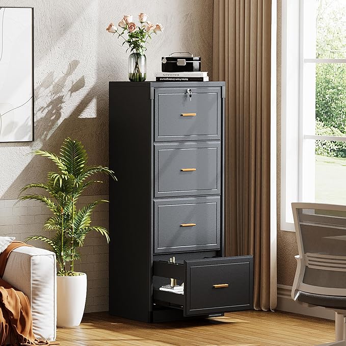 Tribesigns 4-Drawer File Cabinet with Lock, Locked File Cabinet with Key, Tall Wooden Filing Cabinets for Home Office, Vertical Office Storage for Legal Size/Letter/A4/Files, Black (2 Pieces)