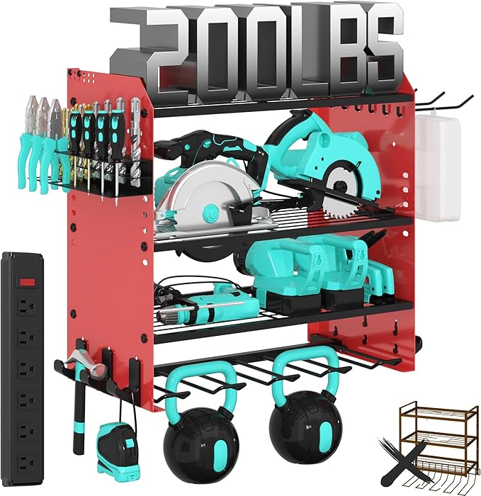 4 Layer Heavy Duty Power Tool Organizer Wall Mount with Charging Station, Adjustable Metal Storage Rack, 6 Outlets Power Strip, Drill Holders, Hooks & Drill Bit Rack for Garage, Workshop, Red