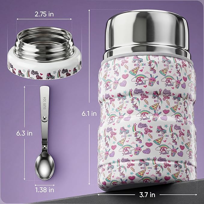 Earth&ME 17 OZ Soup Thermo for Hot & Cold Food for Kids, Vacuum Insulated Steel Lunch Container, Kids Wide Mouth Bento Thermal Food Jar, Warm Food Lunchbox Thermo Bowls with Spoon (Unicorn)