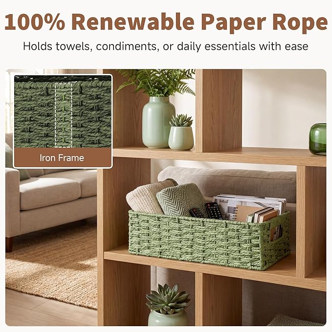 StorageWorks Small Wicker Toilet Basket Tank Topper with Built-in Handles, Toilet Paper Baskets for Back of Tank, Paper Rope Bathroom Basket Organizer and Storage for Sage Green Bathroom Decor, Green