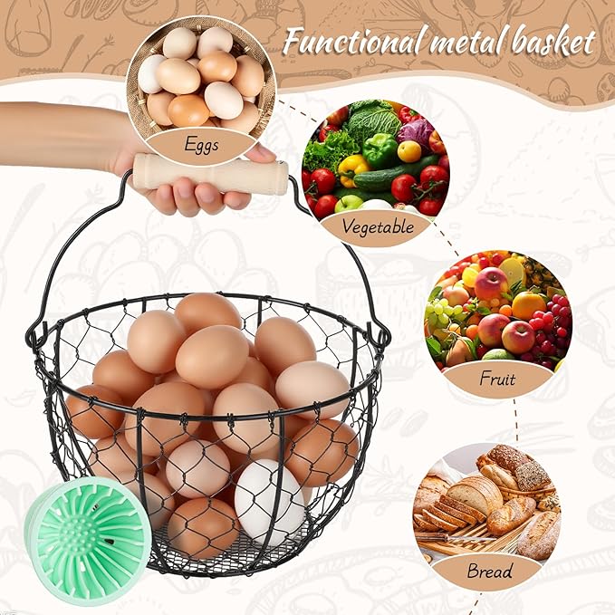 2 Pcs Egg Basket With Handle,Wire Egg Basket for Gathering Fresh Eggs, Round Egg Collecting Basket for Farm,Vintage Style Chicken and Duck Eggs Basket Egg Countertop Storage Container Holder ﻿