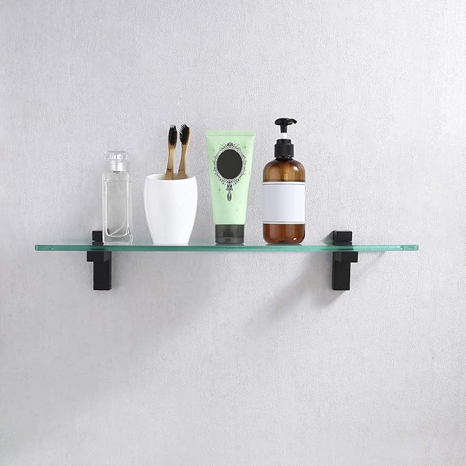 KES Bathroom Shelf 20 Inch Rectangle Floating Glass Wall Shelf Tempered Glass Matte Black Finish, BGS3201-BK