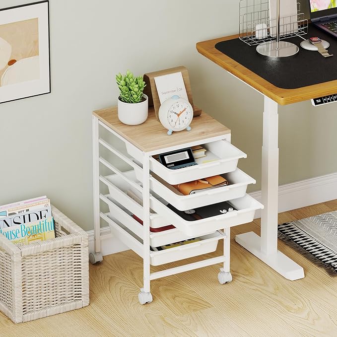 GOFLAME 6-Drawer Rolling Storage Cart, Craft Storage Cart with Wood Tabletop and Lockable Wheels, Art Cart Supply Storage Organizer with Metal Frame for Home Office Classroom, White