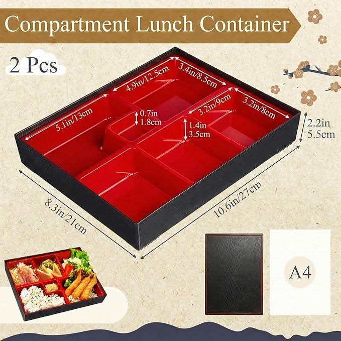 2 Pcs 10.6 x 8.3 x 2.2 Inch Japanese Lunch Box 6 Compartments Divided Bento Box with Greaseproof Adult Japanese Bento Lunch Container Sushi Home Restaurant