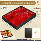 2 Pcs 10.6 x 8.3 x 2.2 Inch Japanese Lunch Box 6 Compartments Divided Bento Box with Greaseproof Adult Japanese Bento Lunch Container Sushi Home Restaurant