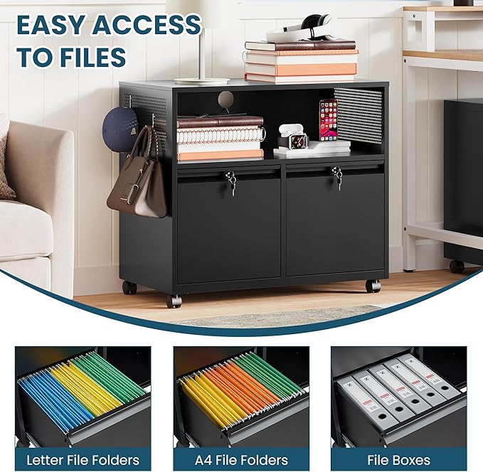 MIIIKO File Cabinet with Storage 2 Drawers, Rolling File Cabinet for Home Office, Metal Black 2 Drawers Storage with Shelf, for Printer, Letter A4 File Organizer