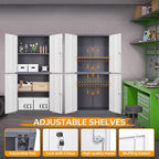 STANI Metal Storage Cabinet, Locking Steel Cabinet with 4 Doors and 2 Adjustable Shelves, 71" Tall Steel Cabinet for Home Office, Garage, School (Grey+White)