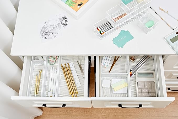 Annova Mesh Stackable Drawer Cabinet and Shelf Organizer Bins Storage Basket School Office Supply Holder Tray- Set of 2 (White, 3x9x2 Inch)