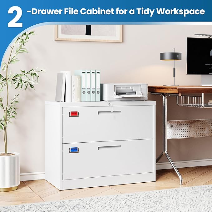 2 Drawer File Cabinet, Lateral Filing Cabinets for Home Office, Office Storage Drawers with Lock, Hanging Files Legal/Letter A4 Size (Assemble Required,White)