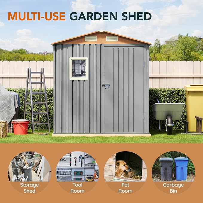 6x4FT Multi-Used Shed & Outdoor Storage,Steel Tool Shed with Frame Floor,Lockable Doors,Window,Vent,Compact Metal Tool Garden Shed for Garden, Backyard, Patio, Lawn and Various Storage(Matte Gray)