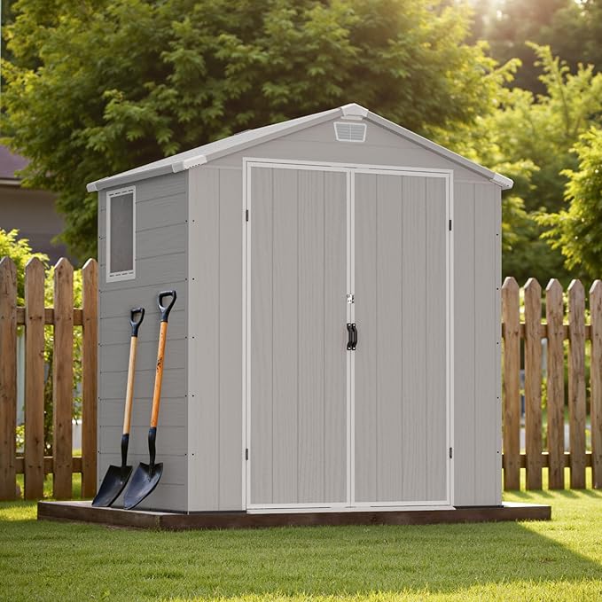 Greesum 6x4FT Plastic Outdoor Storage Shed with Floor, Resin Sheds with Lockable Double Door, Tool Sheds with Window and Vents, for Garden, Patio, Backyard, Light Gray