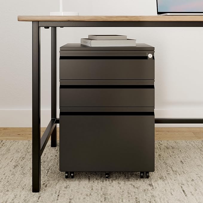 3-Drawer Mobile File Cabinets Rolling ，Vertical Metal Filing Cabinet for Legal & Letter File Anti-tilt Design with Lock Under Desk Office Drawers Fully Assembled (Black)