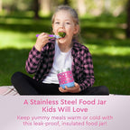 Bentgo Kids Stainless Steel Food Jar - 11oz Leak-Proof Double Insulated Hot or Cold Food Container with Removable Silicone Bumper, Dishwasher Safe, Easy Open Lid, Ages 3+ (Rainbows and Butterflies)