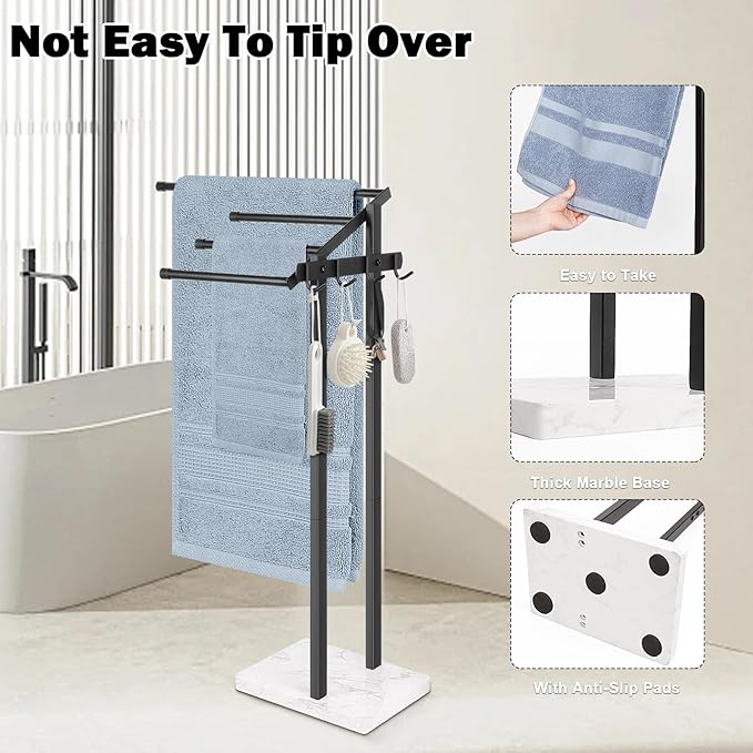 HarJue Towel Rack for Bathroom, 36” H Towel Holder Stand, Bath Towels Sheet Holder with Marble Base, Standing Rack for Home Pool Outdoor Floor, Store Family Member Towels (Black, 36” H-Hooks)