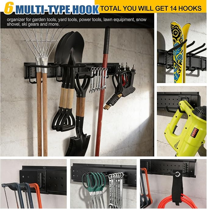 17Pack Garage Tool Organizer Wall Mount 49.5'', 520lbs Heavy Duty Garden Tool Organizer with 17 Adjustable Hooks, Yard Tool Hanger for Shovel Rake Broom Ladder, Easy Assembly Garage Wall