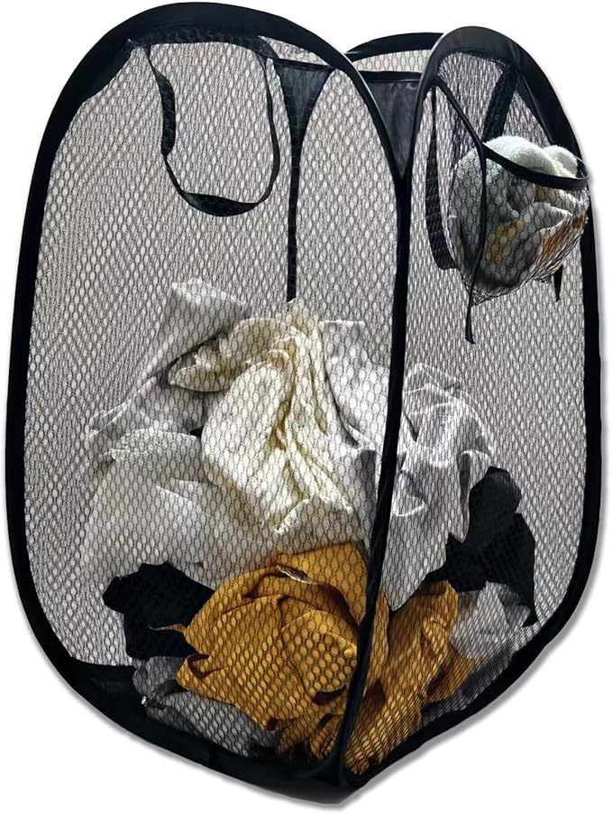 Collapsible Laundry Basket,Dirty Clothes Mesh Pop Up Hamper, Small Foldable Laundry Basket for Bathroom, Dorm, Travel Storage,Cruise Essentials Black