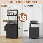 Small 3 Drawer File Cabinet with Charging Station, 45''H, 3-Tier Filing Cabinet for Home Office, 11''*16'' for Small Printer, Fabric Drawer Fits Letter/A4, Tall Printer Stand, Black