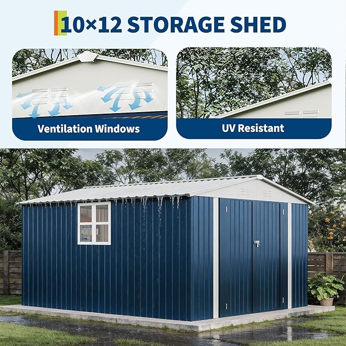 10X12 FT Storage Shed，Lockable Gable Roof Garden Shed with Grid Window, All-Weather Resistant Storage Unit for Bikes, Ladders, Patio Supplies & Garden Essentials