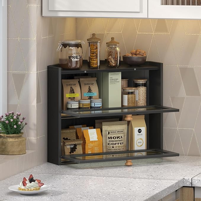 Black Corner Bread Box for Kitchen Countertop, Large Bread Container Storage Bamboo Wooden Farmhouse Bread Box with Window Bread Holder