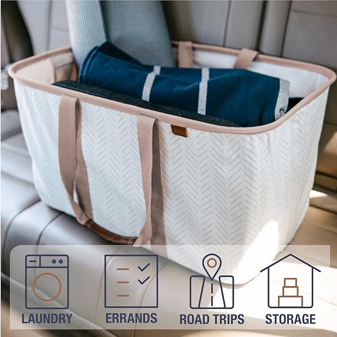 CleverMade Collapsible Laundry Tote 2-Pack (50L) – Foldable Carry-All Storage Bin for Laundry, Car Trunk, RV, Dorm & Home Organization – LUXE Cotton Blend with Vegan Leather Accents, Mocha