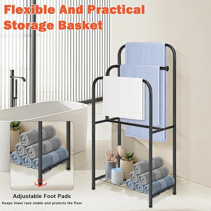 HarJue Towel Racks for Bathroom, 35" H Standing Towel Holder 3 Tier Metal Pool Towel Hanger Outdoor Floor with Storage Shelves for Blanket Bath Towel Drying (Matte Black)