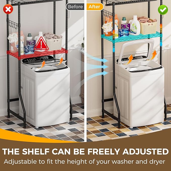 Over Washer and Dryer Shelves,2 Tier Adjustable Height Wire Shelving Laundry Room Storage Organization Clothes Drying Rack with Hanger Rod&Hooks,Space Saving Organizers Shelf,Black