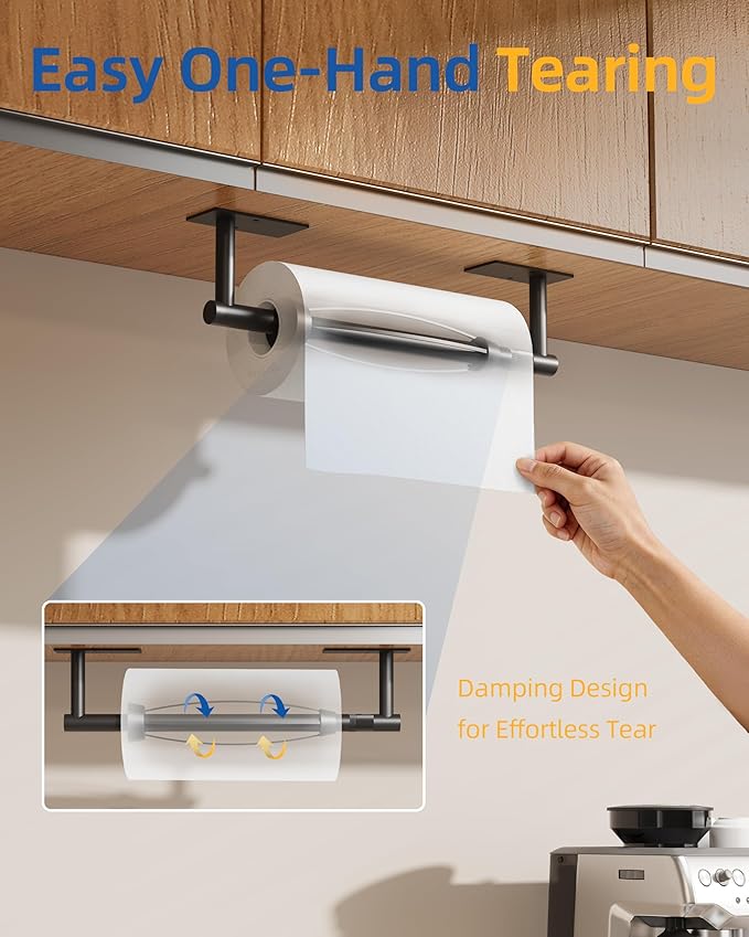 RUACQ Paper Towel Holder Under Cabinet, One Hand Tearing Paper Towel Holder with Damping Effect, Wall Mount & Adhesive Stainless Steel Paper Roll Holder for Kitchen Bathroom (Matte Black)