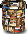 Retro Wooden Bookshelf Laundry Basket Oxford Cloth Books Laundry Hamper With Handle Foldable Portable Clothes Storage Basket Funny Laundry Bag 18.9"x16.5" For Laundry Room/Bedroom/Bathrooms