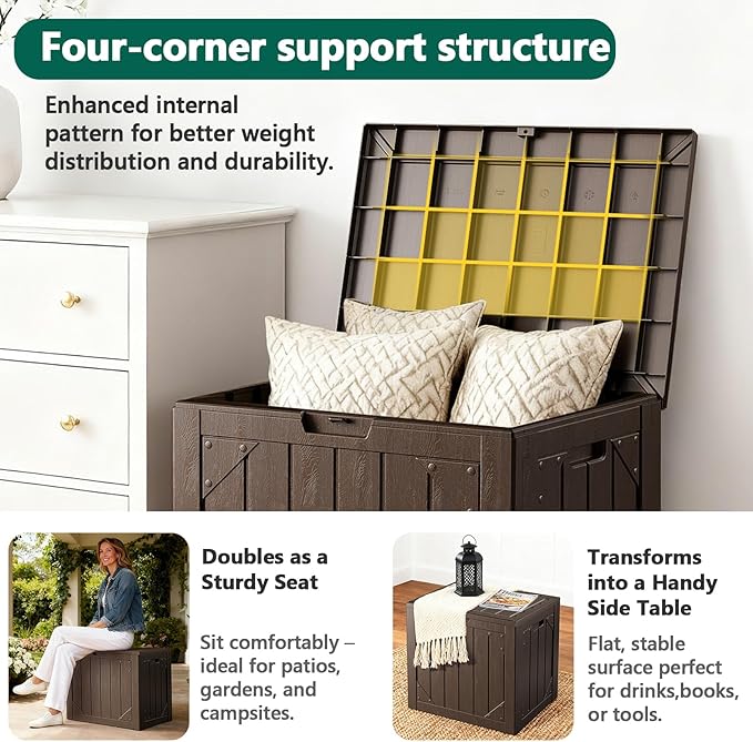 Outdoor Storage Box - 30 Gallon Waterproof Resin Deck Box, Lockable Patio Storage Bench for Package Delivery, Cushions & Garden Tools, UV Resistant (Brown)