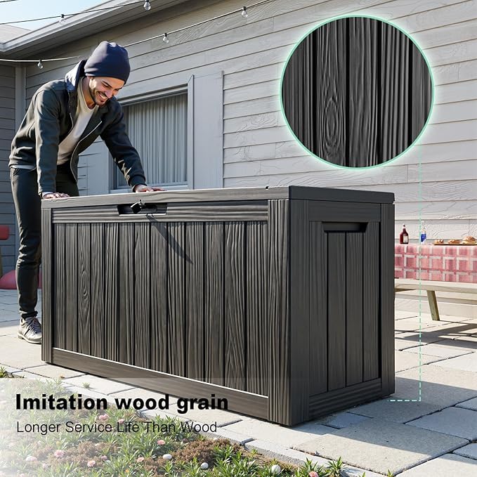 85 Gallon Outdoor Waterproof Resin Storage Deck Box Lockable Outside Bench UV Resistant Bin Patio Porch Furniture Pool Float Garden Tool Cushion Black
