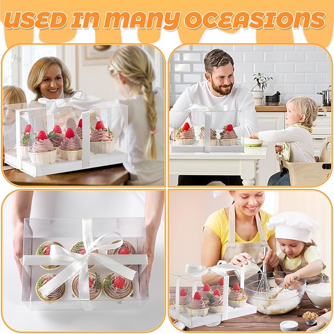 JCD 5.5inches height 8 Pack Clear Cupcake Boxes 6 Count Cupcake Containers with Gift Ribbon, Rectangle Cupcake Holder for Treats, Dessert Boxes, Muffins (6count/8pcs)